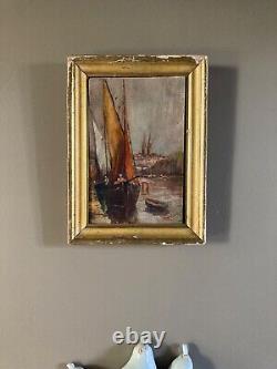 Oil on wood panel, Marine, boats at dock signed R. Lambert