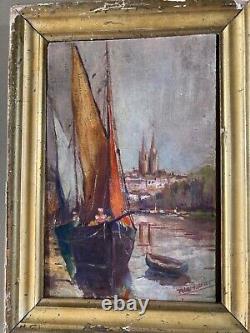 Oil on wood panel, Marine, boats at dock signed R. Lambert