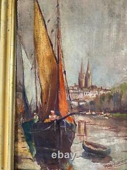 Oil on wood panel, Marine, boats at dock signed R. Lambert