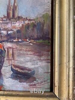 Oil on wood panel, Marine, boats at dock signed R. Lambert