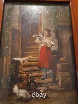 Oil on wood panel: Young girl feeding farm birds