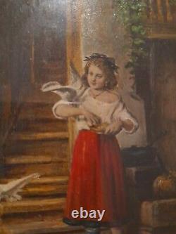 Oil on wood panel: Young girl feeding farm birds