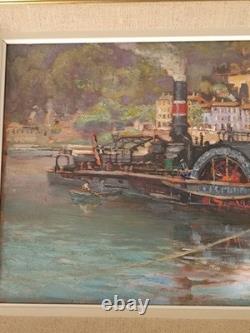 Oil on wood panel, river scene, Lyon School, Charles Lacour, Quai Rambaud