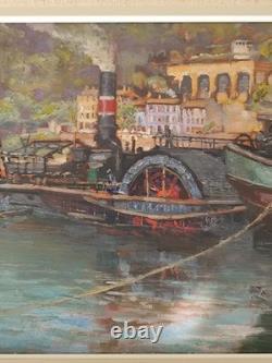 Oil on wood panel, river scene, Lyon School, Charles Lacour, Quai Rambaud