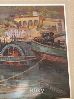 Oil on wood panel, river scene, Lyon School, Charles Lacour, Quai Rambaud
