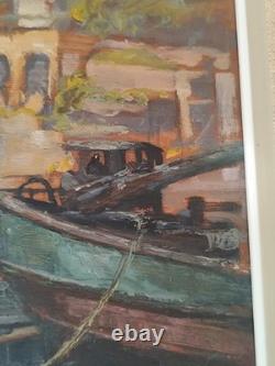 Oil on wood panel, river scene, Lyon School, Charles Lacour, Quai Rambaud