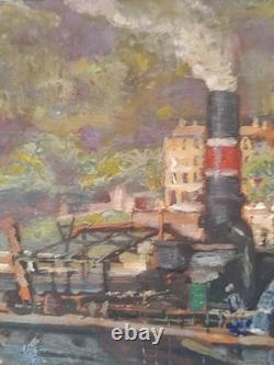 Oil on wood panel, river scene, Lyon School, Charles Lacour, Quai Rambaud