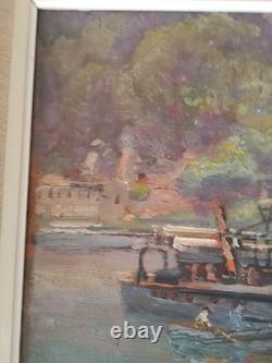 Oil on wood panel, river scene, Lyon School, Charles Lacour, Quai Rambaud