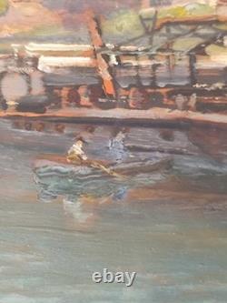 Oil on wood panel, river scene, Lyon School, Charles Lacour, Quai Rambaud