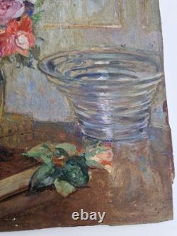 Oil on wood panel still life bouquet of flowers interior scene signed