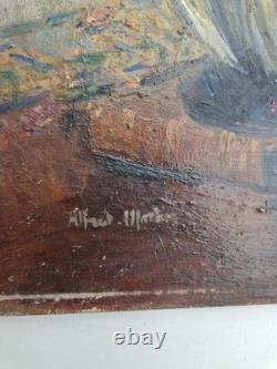 Oil on wood panel still life bouquet of flowers interior scene signed