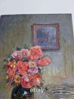 Oil on wood panel still life bouquet of flowers interior scene signed