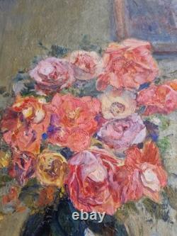 Oil on wood panel still life bouquet of flowers interior scene signed