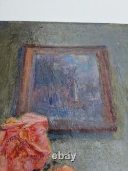Oil on wood panel still life bouquet of flowers interior scene signed