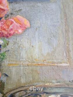 Oil on wood panel still life bouquet of flowers interior scene signed
