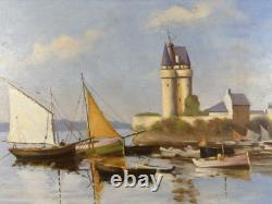 Oil on wood panel the port of Saint-Servan in Saint-Malo sailing boats