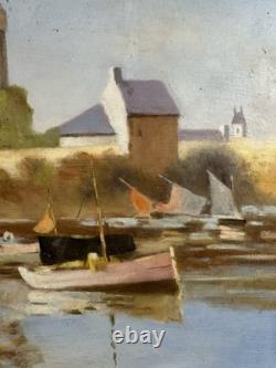 Oil on wood panel the port of Saint-Servan in Saint-Malo sailing boats