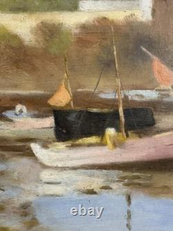 Oil on wood panel the port of Saint-Servan in Saint-Malo sailing boats