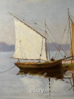 Oil on wood panel the port of Saint-Servan in Saint-Malo sailing boats