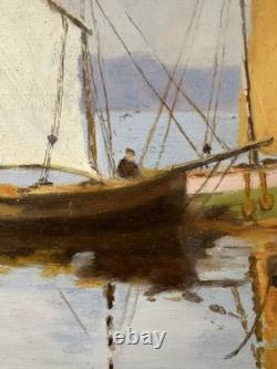 Oil on wood panel the port of Saint-Servan in Saint-Malo sailing boats