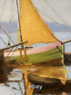 Oil on wood panel the port of Saint-Servan in Saint-Malo sailing boats