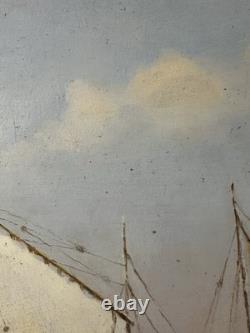 Oil on wood panel the port of Saint-Servan in Saint-Malo sailing boats