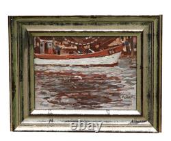 Oil on wood signed Peter Josef STRAHN Fishing boat in the harbor, framed