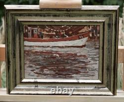 Oil on wood signed Peter Josef STRAHN Fishing boat in the harbor, framed