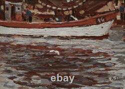 Oil on wood signed Peter Josef STRAHN Fishing boat in the harbor, framed