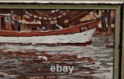 Oil on wood signed Peter Josef STRAHN Fishing boat in the harbor, framed