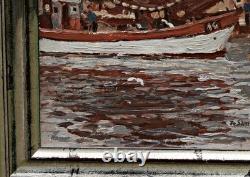 Oil on wood signed Peter Josef STRAHN Fishing boat in the harbor, framed