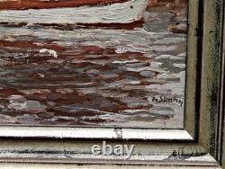 Oil on wood signed Peter Josef STRAHN Fishing boat in the harbor, framed