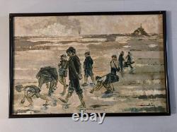Oil painting 1950 wooden panel Signed Fisherman Shellfish Mont Saint Michel Art