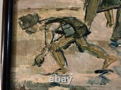 Oil painting 1950 wooden panel Signed Fisherman Shellfish Mont Saint Michel Art