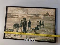 Oil painting 1950 wooden panel Signed Fisherman Shellfish Mont Saint Michel Art