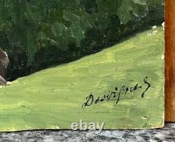 Oil painting Table DESVIGNES Mountain Landscape Trees Summit Snow Switzerland 1932