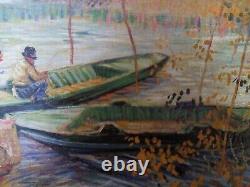 Oil painting on canvas 20th century Fisherman Boats Gilded Wooden Frame