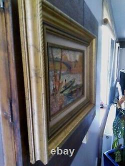 Oil painting on canvas 20th century Fisherman Boats Gilded Wooden Frame