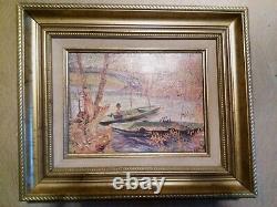 Oil painting on canvas 20th century Fisherman Boats Gilded Wooden Frame