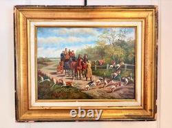 Oil painting on gilded wood panel, fox hunting, English dog, 19th century, 2/2 Oil painting on gilded wood panel, fox hunting, English dog, 19th century, 2/2