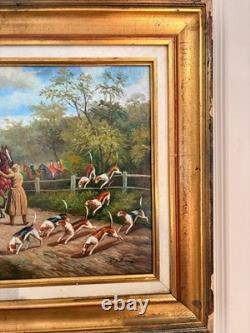 Oil painting on gilded wood panel, fox hunting, English dog, 19th century, 2/2