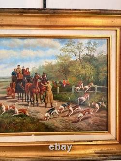 Oil painting on gilded wood panel, fox hunting, English dog, 19th century, 2/2