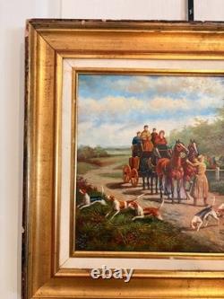 Oil painting on gilded wood panel, fox hunting, English dog, 19th century, 2/2