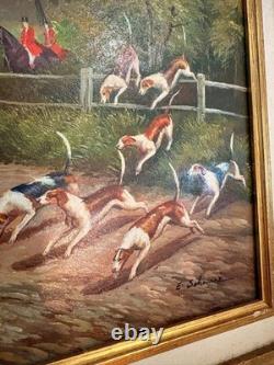 Oil painting on gilded wood panel, fox hunting, English dog, 19th century, 2/2