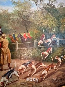 Oil painting on gilded wood panel, fox hunting, English dog, 19th century, 2/2 Oil painting on gilded wood panel, fox hunting, English dog, 19th century, 2/2