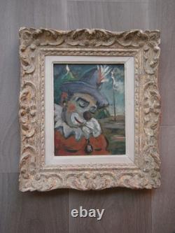 Oil painting on panel, 1958, circus clown decor, carved wooden frame, 2F
