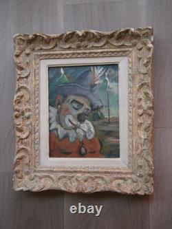 Oil painting on panel, 1958, circus clown decor, carved wooden frame, 2F