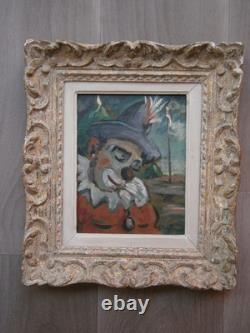 Oil painting on panel, 1958, circus clown decor, carved wooden frame, 2F