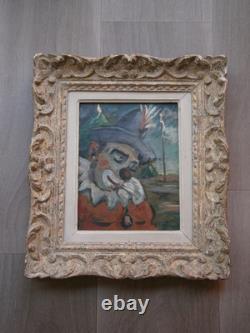Oil painting on panel, 1958, circus clown decor, carved wooden frame, 2F
