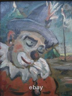 Oil painting on panel, 1958, circus clown decor, carved wooden frame, 2F